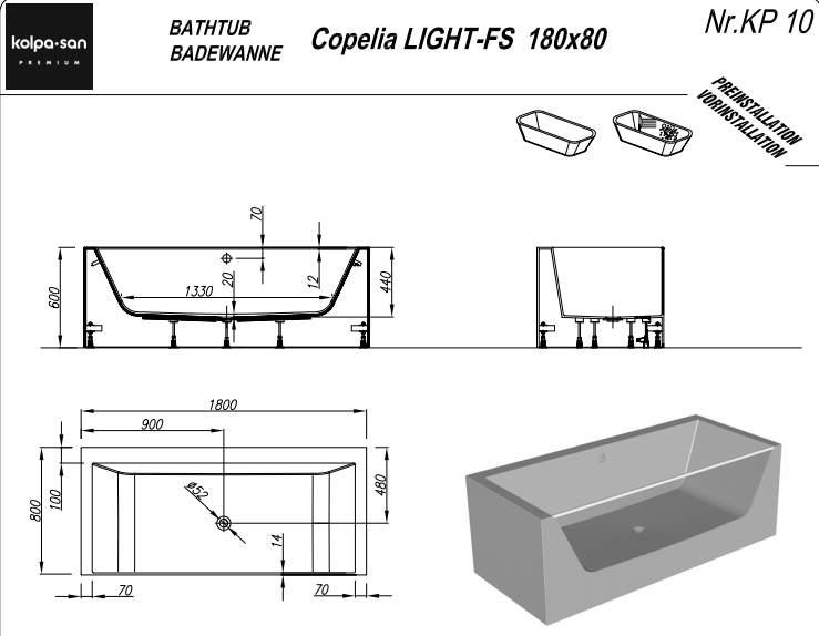 Отдельностоящая ванна Kolpa San Copelia Light FS (Копелиа Лайт ФС) 180x80 со стеклянной стенкой схема 2