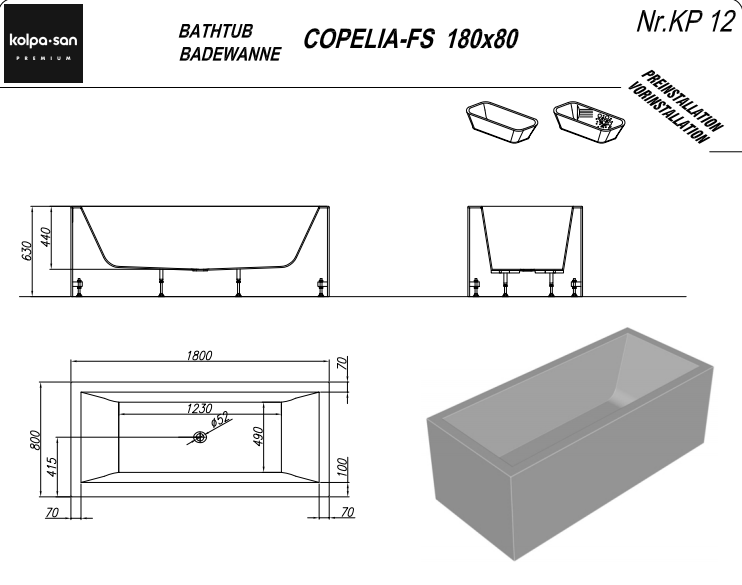 Отдельностоящая ванна Kolpa San Copelia FS (Копелиа ФС) 180x80 прямоугольная схема 2