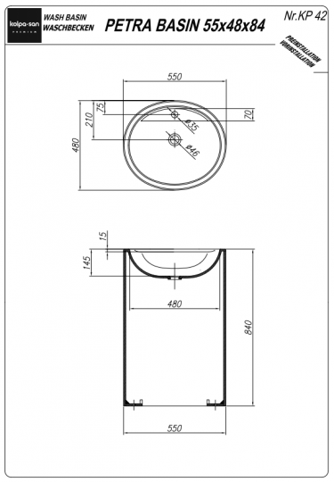 Напольная раковина Kolpa San PETRA BASIN (Петра) 55х48 схема 2