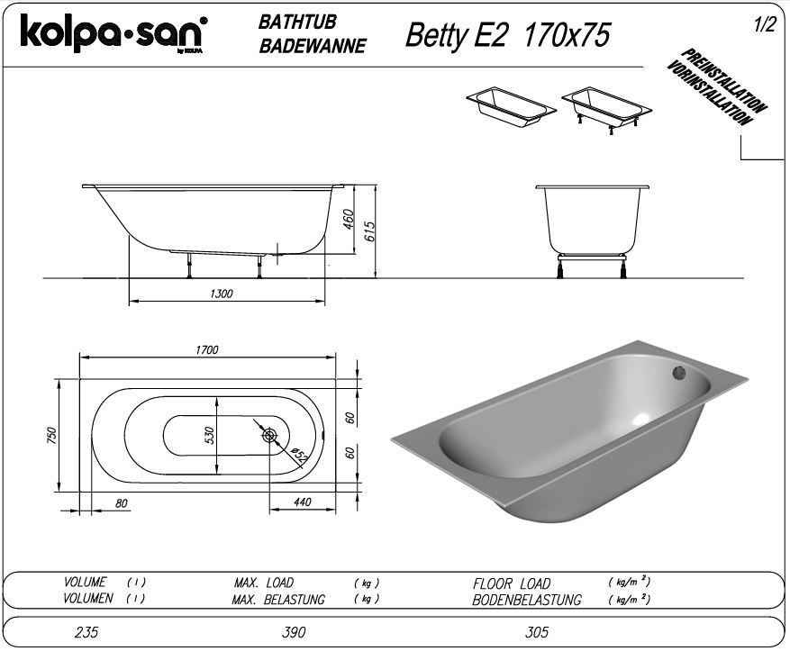 Гидромассажная ванна Kolpa San Betty E2 (Бэтти Е2) 170x75 встраиваемая схема 2