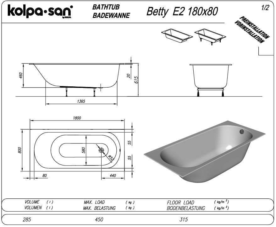 Гидромассажная ванна Kolpa San Betty E2 (Бэтти Е2) 180x80 встраиваемая схема 2