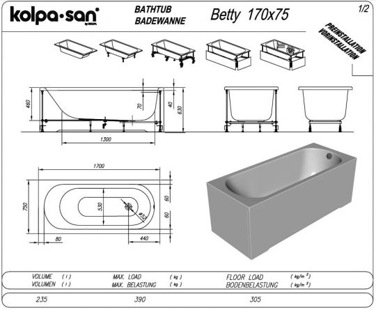 Гидромассажная акриловая ванна Kolpa San Betty (Бэтти) 170x75 ФОТО