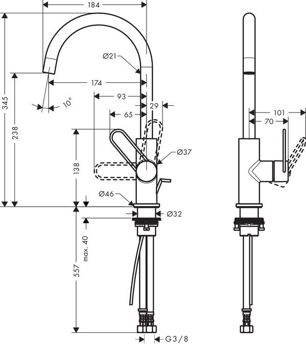 Смеситель Hansgrohe AXOR Uno для раковины 38036000 схема 1