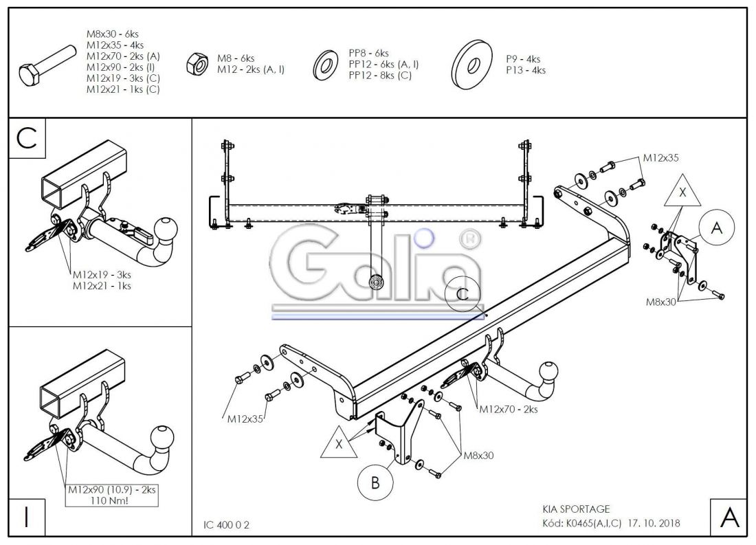 Фаркоп Galia (оцинкованный) Kia Sportage рестайл 2018-2022, в т.ч. GT Line быстросъемное крепление шара