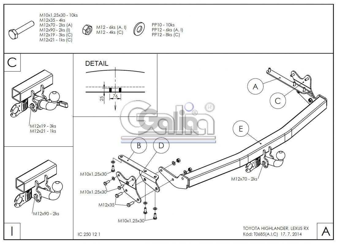 Фаркоп Galia (оцинкованный) Toyota Highlander 2010-2014 условно-съемное крепление шара
