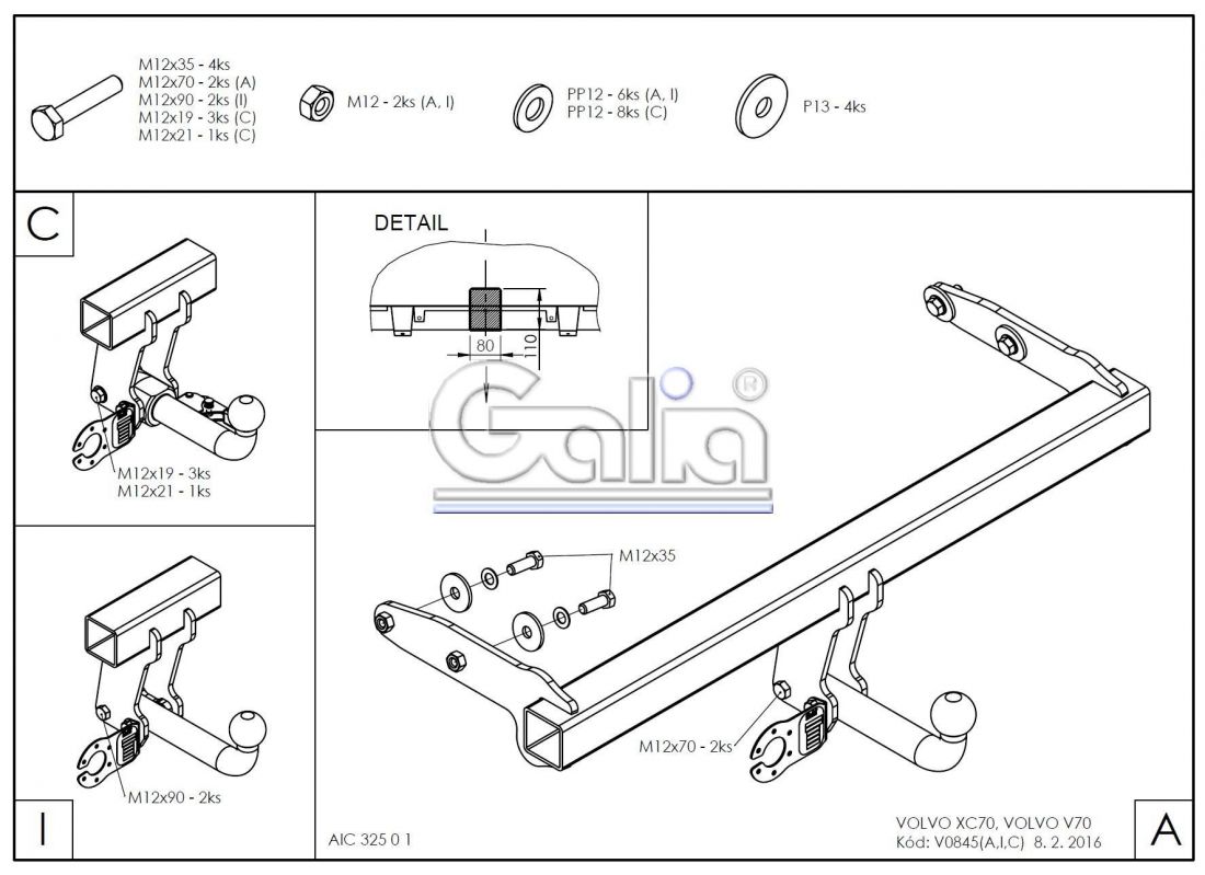 Фаркоп Galia (оцинкованный) Volvo XC70 2007-2016 условно-съемное крепление шара