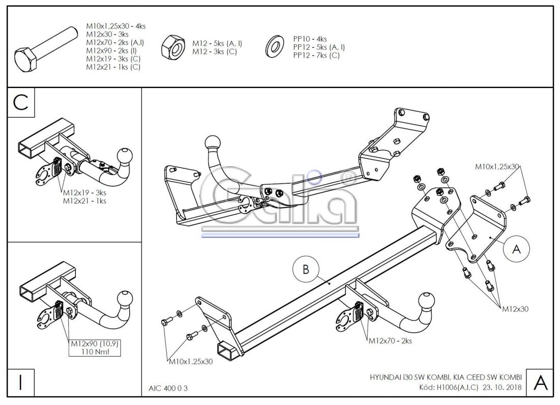 Фаркоп Galia (оцинкованный) Kia Ceed универсал, в т.ч. дизель 2018-, Hyundai i30 универсал, в т.ч. дизель 2017- условно-съемное крепление шара