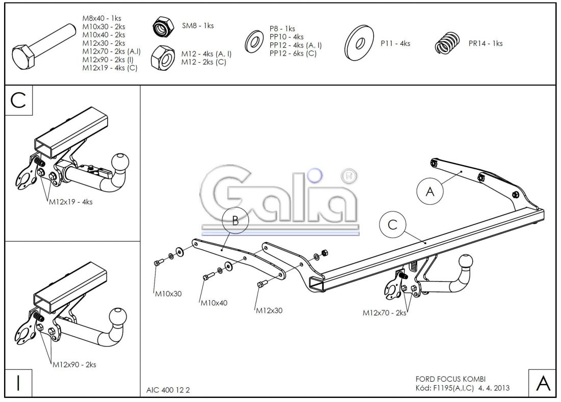 Фаркоп Galia (оцинкованный) Ford Focus III универсал 2011-2018 условно-съемное крепление шара