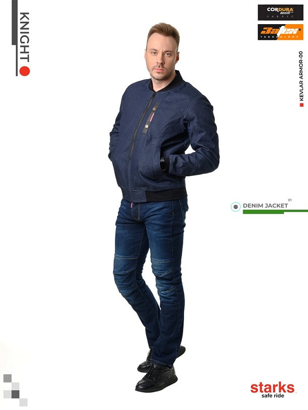 EF56 Мотокуртка джинсовая KNIGHT, муж., Regular fit, Cordura Denim стрейч, Тёмный Синий, Unwashed