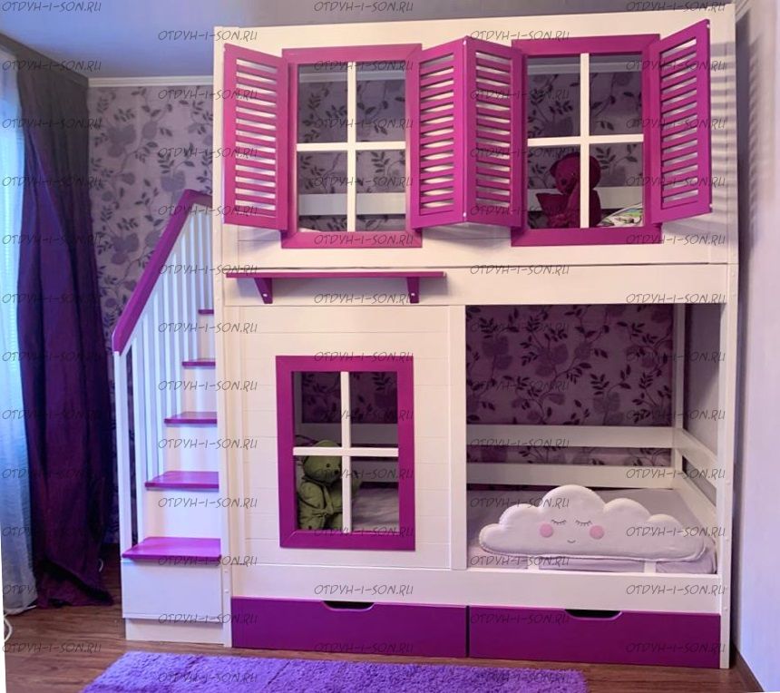 Кровать двухъярусная Домик Village №6 с лестницей-комодом