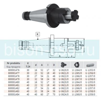 Оправка комбинированная  для торцевых насадных фрез быстросменная  7332QC-30-22-40 кон 30.D=40 Bison-Bial