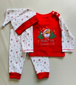Костюм новогодний с колпаком печать мишка с елками арт. 202