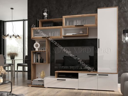 Гостиная Олимп Белый глянец холодный, Дуб крафт, Белый