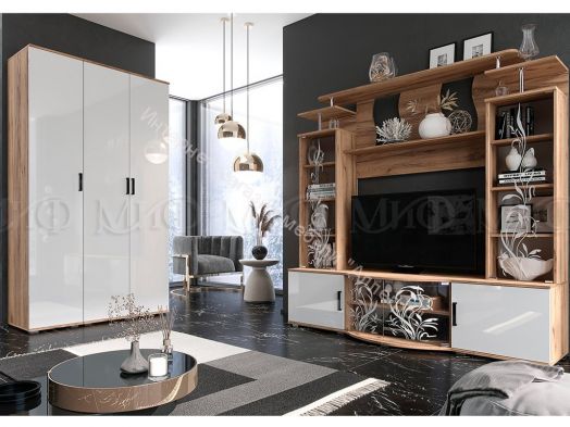 Стенка Виста Белый глянец холодный, Дуб крафт