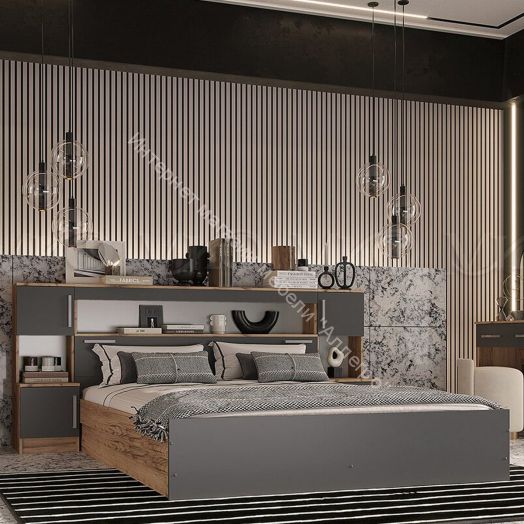 Кровать Бася 1600 мм с надстройкой и тумбами Графит/Дуб крафт