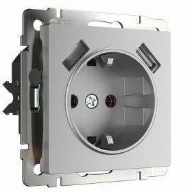 Розетка с Заземлением и Шторками Werkel W1171506 Серебряная, USBх2 / Веркель