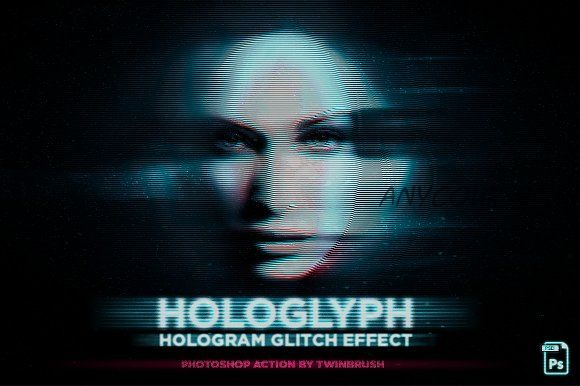 [CreativeMarket] Экшены для Photoshop. Hologlyph - Hologram Glitch Effect, 2017