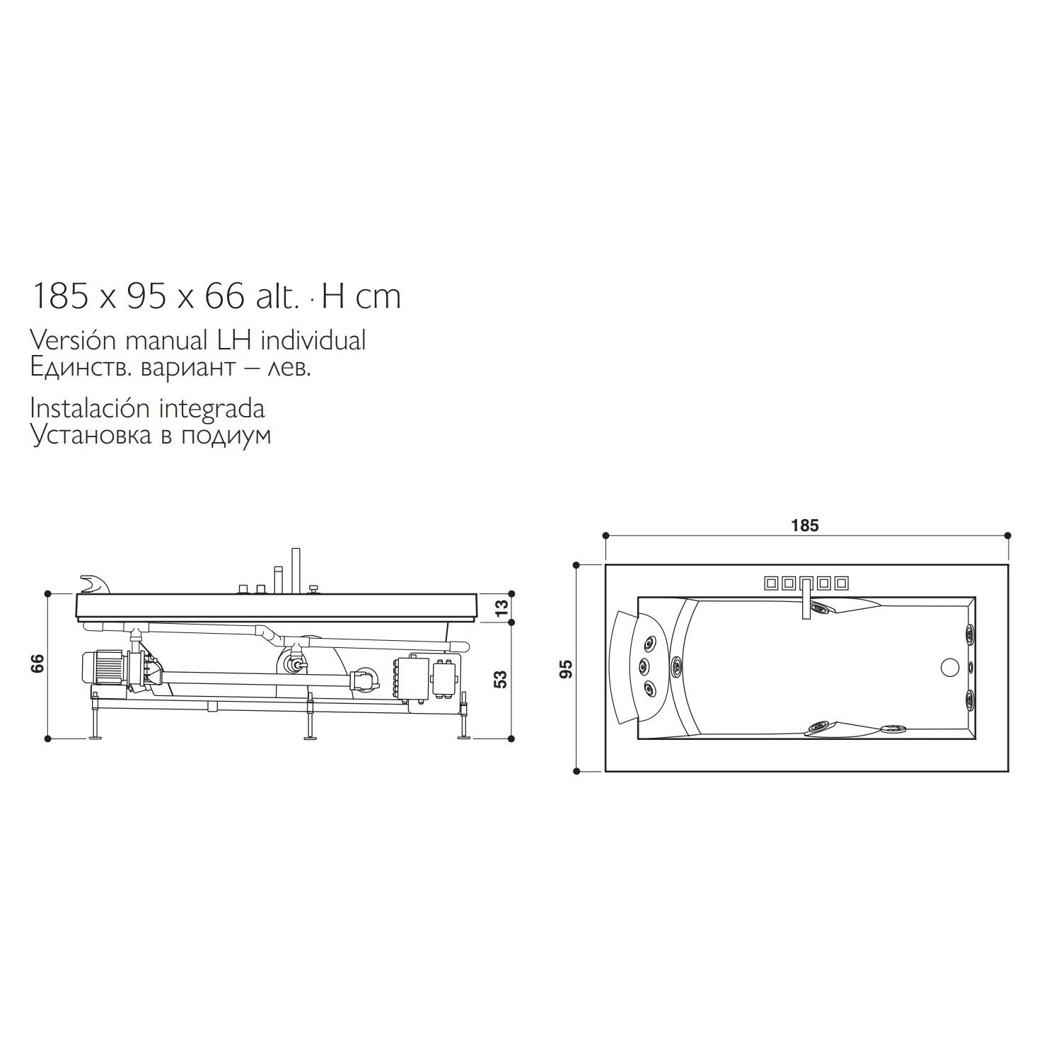 Гидромассажная встраиваемая ванна Jacuzzi Aura Uno Corian с 8 форсунками и подсветкой 185x95 схема 2