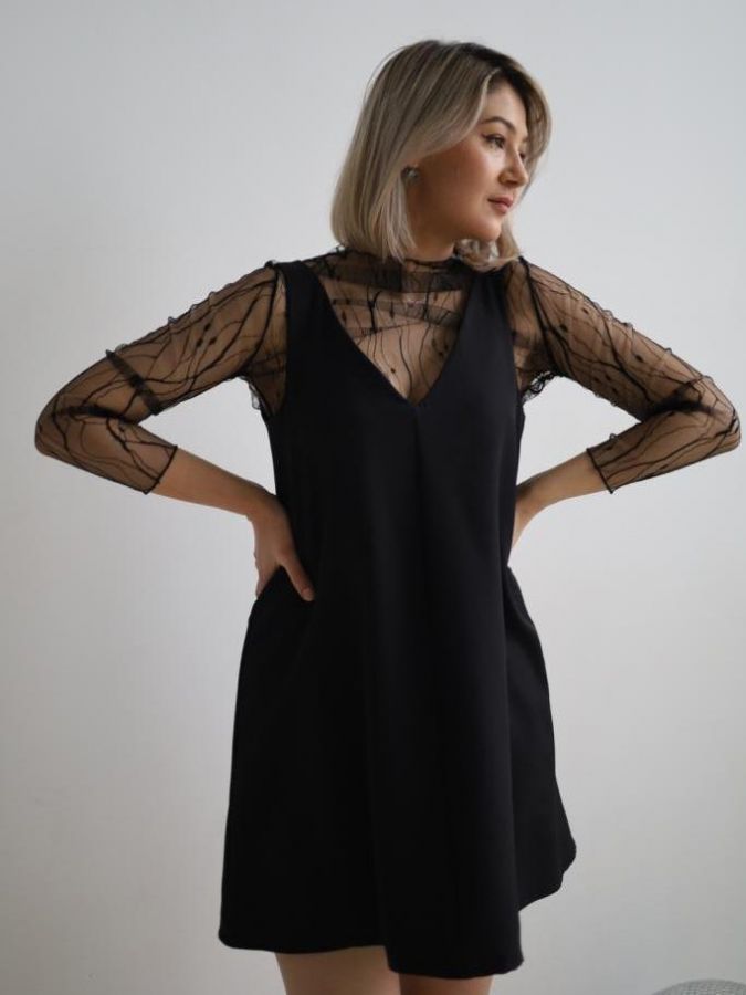 Лонгслив сетка черная с листочками