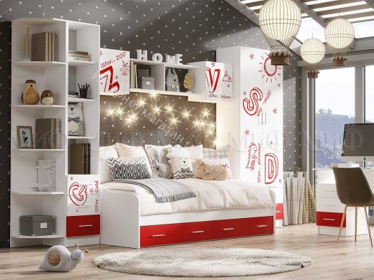 Кровать выдвижная Вега Алфавит 900х2000 мм  Красный, Белый