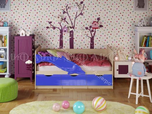 Кровать "Дельфин-1" 1,6*0,8 м Синий металлик, Дуб беленый