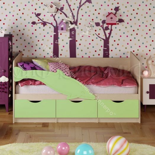 Кровать "Дельфин-1" 1,6*0,8 м Салатовый, Дуб беленый