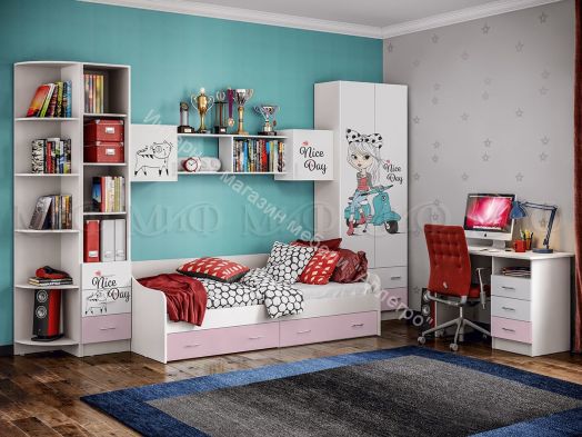 Кровать с ящиками "Вега Fashion-1" 2,0*0,9 м Розовый, Белый