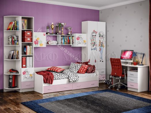 Кровать с ящиками "Вега Fashion" 2,0*0,9 м Розовый, Белый