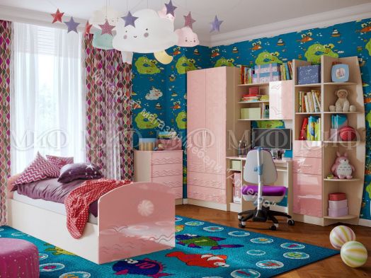 Комод "Юниор-2" Розовый металлик, Дуб беленый