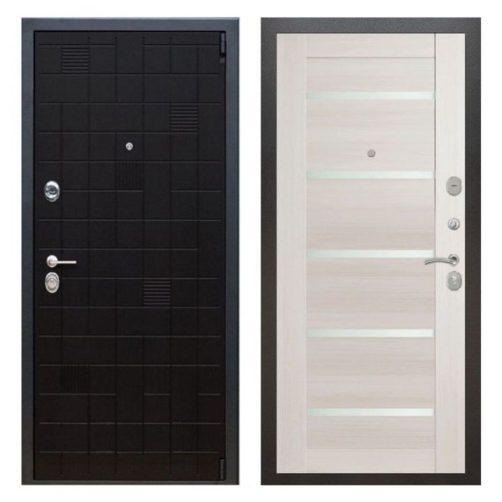 Дверь входная металлическая Great Doors Х12 Тетрис Ясень Черный Царга СБ-14 Лиственница беж Белый Лакобель