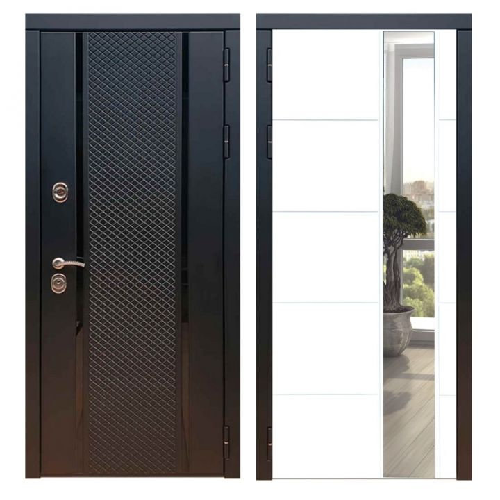 Дверь входная Great Doors Х25 Черный кварц Зеркало ЛФЛС-19 Белый Софт