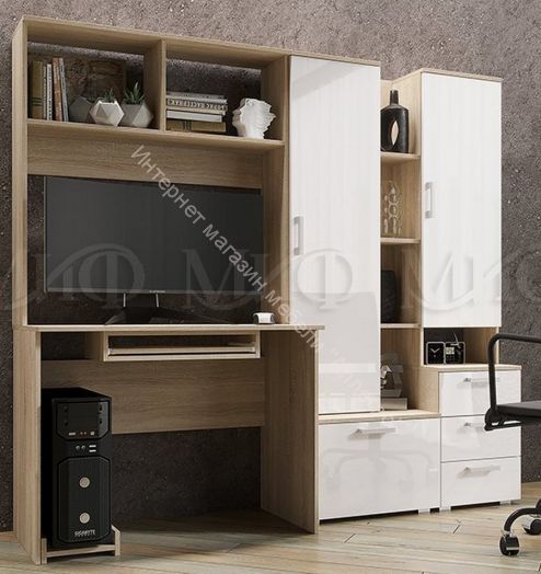 Стол компьютерный №6 Белый глянец, Дуб Сонома