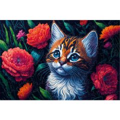 Деревянный пазл котенок в цветах