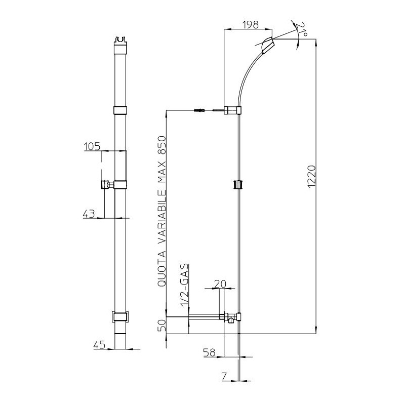 Настенная душевая штанга со шланговым подключением Bossini Flat 120 см D47000 схема 2