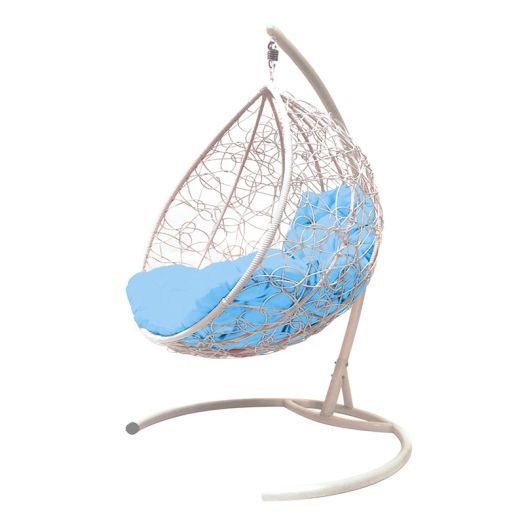 МГККР-11-03 Подвесное кресло КАПЛЯ с ротангом белое, голубая подушка
