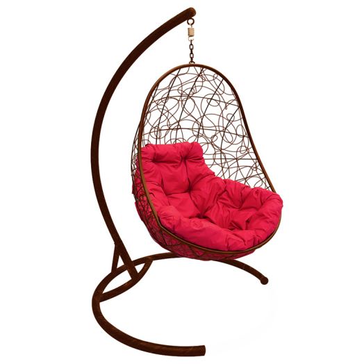 МГКОР-12-06 Подвесное кресло ОВАЛ с ротангом коричневое, красная подушка