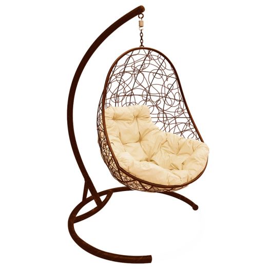 МГКОР-12-01 Подвесное кресло ОВАЛ с ротангом коричневое, бежевая подушка