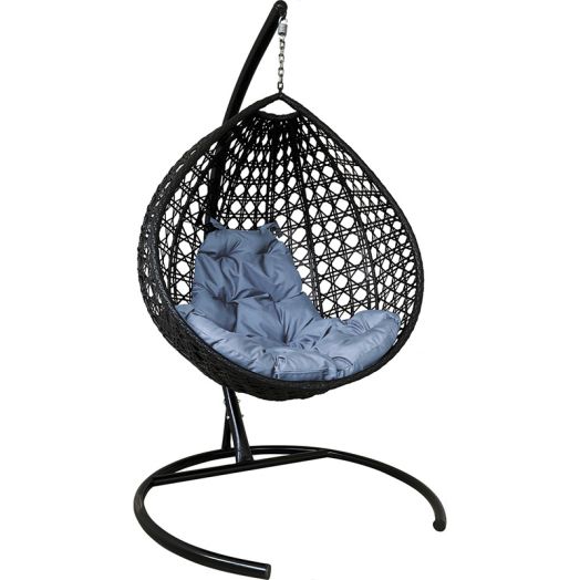 МГККЛР-14-09 Подвесное кресло КАПЛЯ ЛЮКС с ротангом чёрное, серая подушка