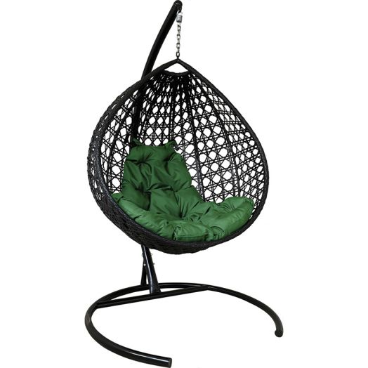 МГККЛР-14-04 Подвесное кресло КАПЛЯ ЛЮКС с ротангом чёрное, зелёная подушка