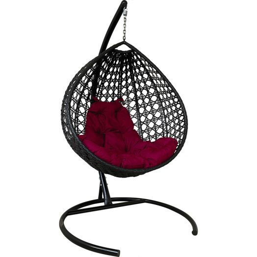 МГККЛР-14-02 Подвесное кресло КАПЛЯ ЛЮКС с ротангом чёрное, бордовая подушка