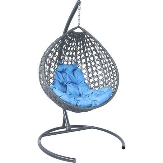 МГККЛР-13-03 Подвесное кресло КАПЛЯ ЛЮКС с ротангом серое, голубая подушка