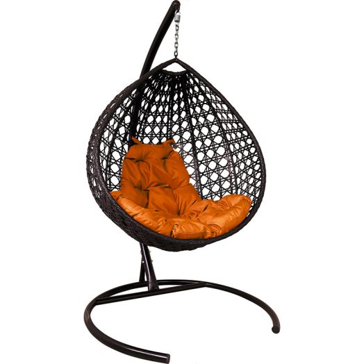 МГККЛР-12-07 Подвесное кресло КАПЛЯ ЛЮКС с ротангом коричневое, оранжевая подушка