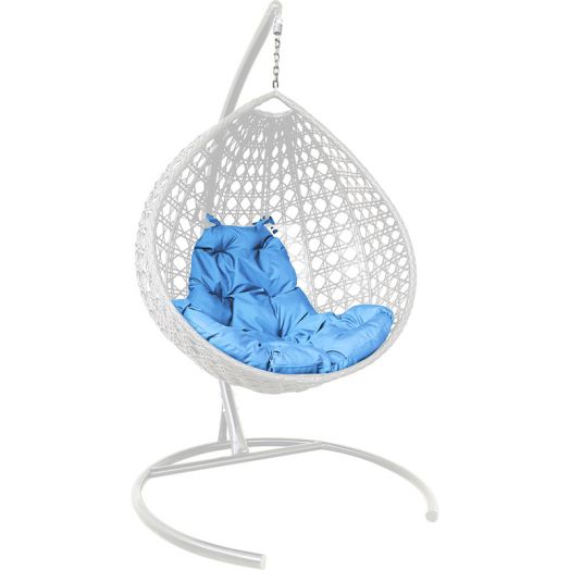 МГККЛР-11-03 Подвесное кресло КАПЛЯ ЛЮКС с ротангом белое, голубая подушка