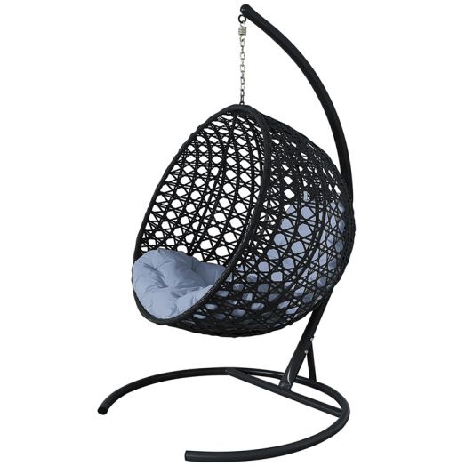 МГКШЛР-14-09 Подвесное кресло КРУГ ЛЮКС с ротангом чёрное, серая подушка
