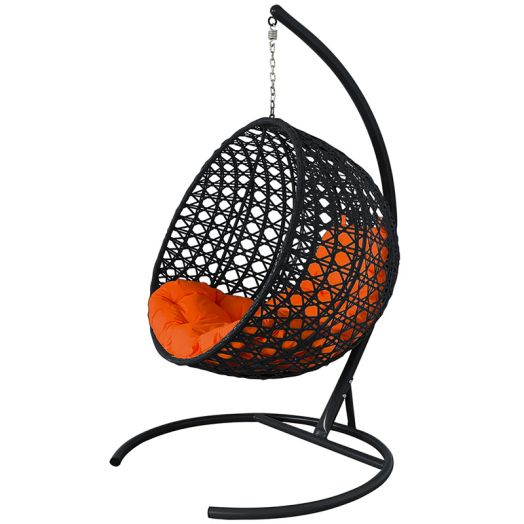 МГКШЛР-14-07 Подвесное кресло КРУГ ЛЮКС с ротангом чёрное, оранжевая подушка