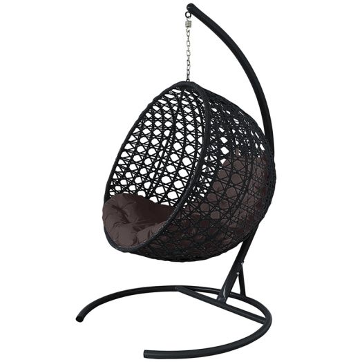 МГКШЛР-14-05 Подвесное кресло КРУГ ЛЮКС с ротангом чёрное, коричневая подушка