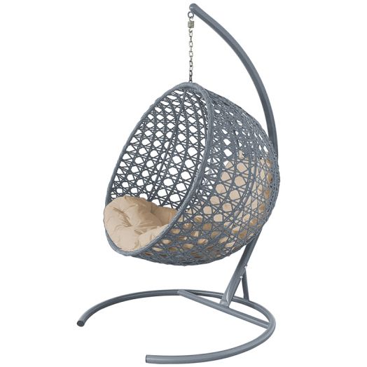 МГКШЛР-13-01 Подвесное кресло КРУГ ЛЮКС с ротангом серое, бежевая подушка