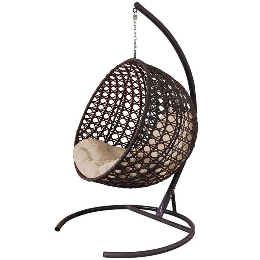 МГКШЛР-12-01 Подвесное кресло КРУГ ЛЮКС с ротангом коричневое, бежевая подушка