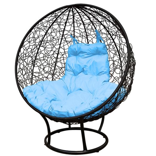 МГКШПР-14-03 Кресло КРУГ на подставке с ротангом чёрное, голубая подушка