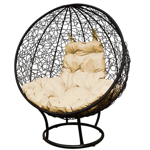 МГКШПР-14-01 Кресло КРУГ на подставке с ротангом чёрное, бежевая подушка